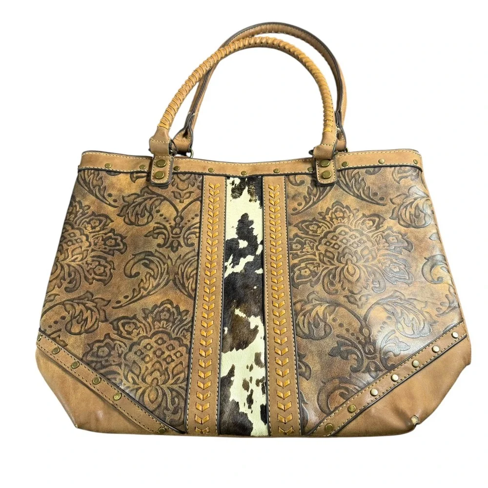 Justin Western Tote Bag Floral Embossed Cowhide Hair On Hide Brown Handbag